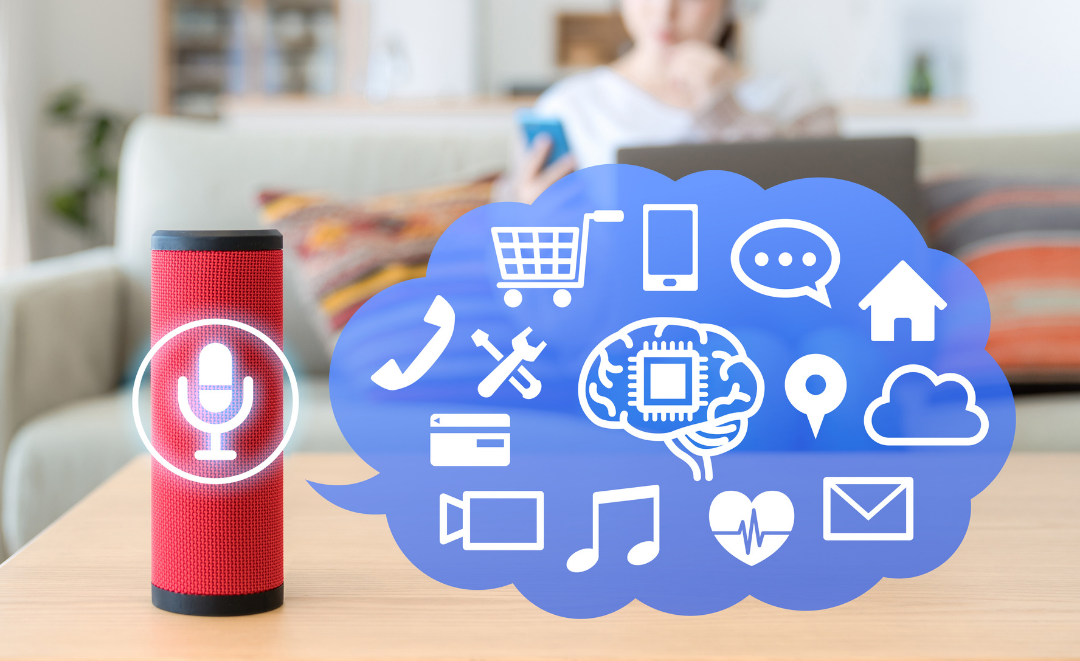 Smart Speaker on a coffee table with images in a speech bubble symbolizing that Smart Speakers offer many capabilities